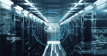 Displaying blue circular overlay with cloud lock icon in data center corridor with server racks