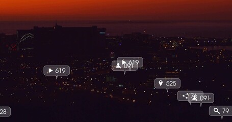 Overlaying city skyline panorama glowing at dusk from rooftop, with UI bubbles showing metrics