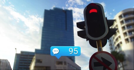 Framing traffic light and no-right-turn sign rising beside office tower, bubble '95', copy space