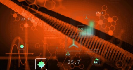 Displaying ribbed conduit slicing across interface, with CO? numeric data and hexagon patterns