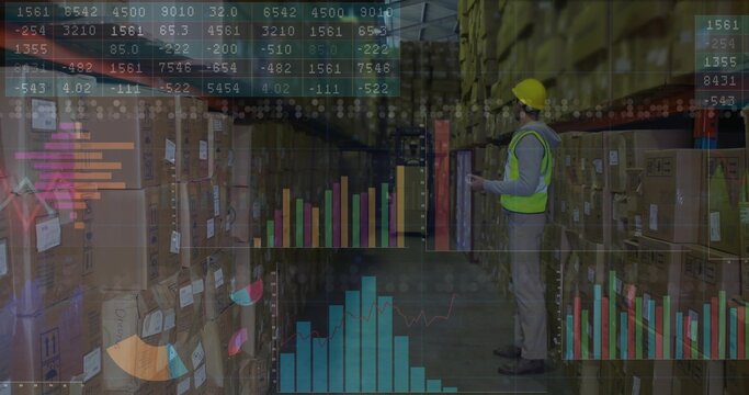 Warehouse worker checking tablet in warehouse aisle, with data overlays, boxes on racks, copy space