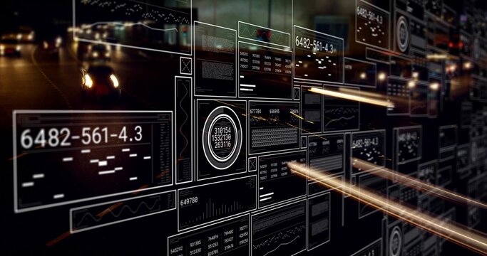 Displaying digital panels on night highway with readouts and gauges, light trails and headlights