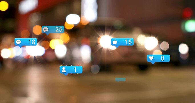 Floating blue notification icons over blurred city street at night, showing social media counts - Powered by Adobe