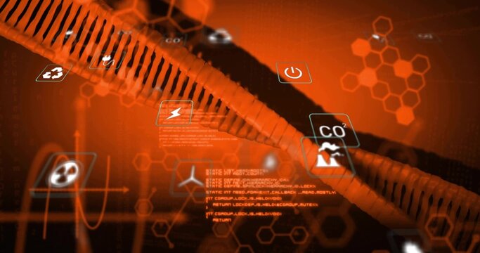 Displaying two orange helical tubes floating in digital simulation, with recycling and power icons - Powered by Adobe