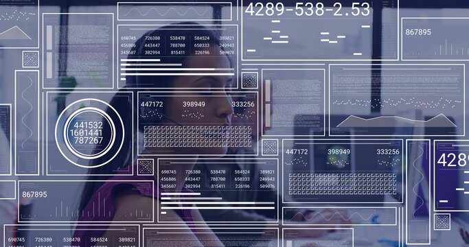 Collaborating pair in business attire analyzing data overlays in office, with line and bar charts - Powered by Adobe
