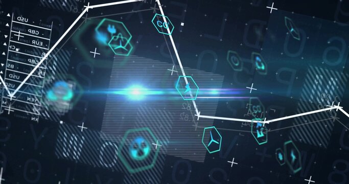 Polyline graph showing glowing nodes and hexagonal icons in UI, with currency panel