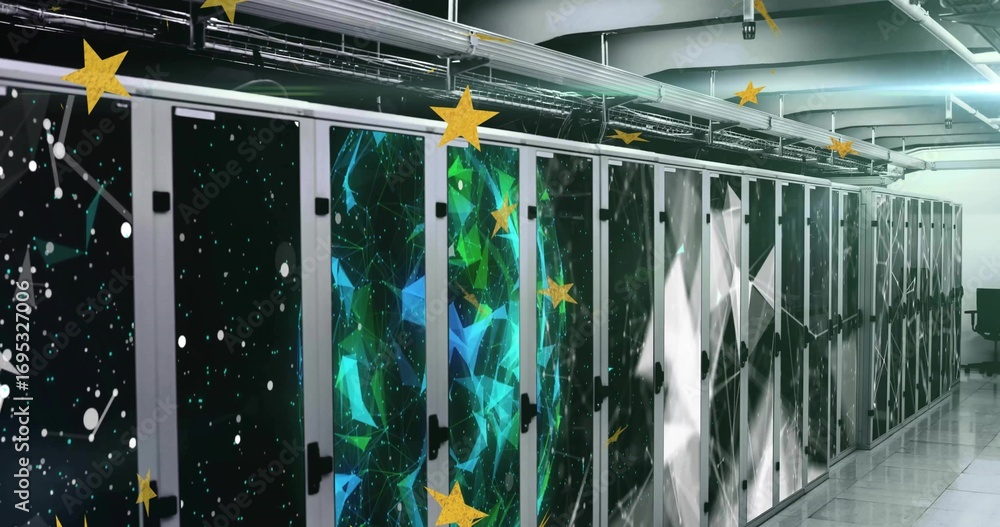 Poster showcasing server cabinets displaying cosmic-patterned panels in data center with cable trays