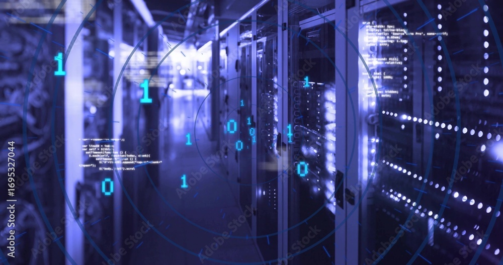 Aufkleber stretching server racks showing led lights and cables in data center hall, with binary hud overlay