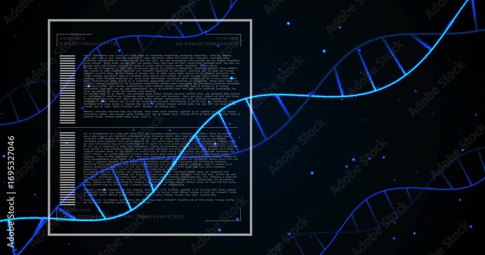 Aufkleber glowing blue dna helix spanning interface, showing white panel with code, charts, variable labels