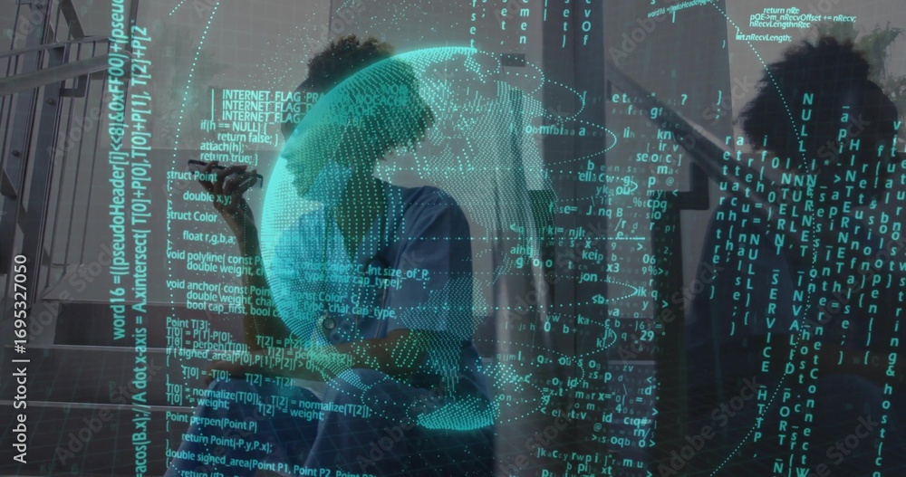 Aufkleber showcasing coworkers in business attire navigating code overlay in corridor, with rotating 3d globe