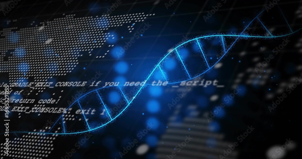 Poster floating glowing blue dna double helix in digital environment, with world map nodes, scrolling code