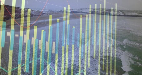 Overlaying neon yellow and teal bar charts, line graphs and grid over winter coastal landscape