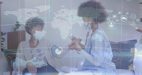 Measuring masked nurse wearing scrubs checking patient blood pressure with stethoscope at home