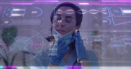 Female doctor lowering surgical mask revealing DNA overlay in clinic, with gloves and stethoscope
