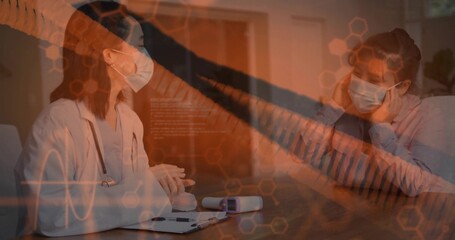 Consulting Korean doctor wearing medical gear at clinic desk with patient holding head and overlays