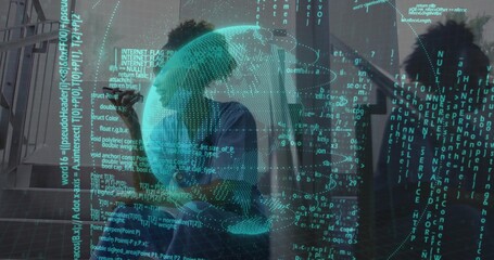 Showcasing coworkers in business attire navigating code overlay in corridor, with rotating 3D globe