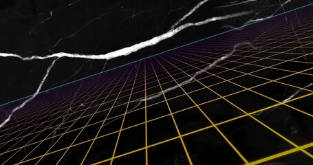 Merging black marble with white veining and yellow purple neon grid lines in abstract environment