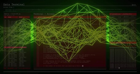 Displaying green-yellow wireframe on console, with terminal windows showing code and login details