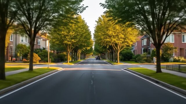 A street lined with trees leads into the distance houses on either side