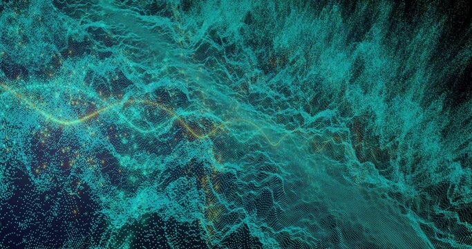 Fototapeta Forming 3D point cloud wave undulating in virtual space, with grid lines and orange highlights