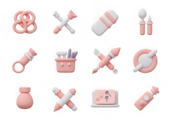 A collection of pastel pink 3d icons representing art supplies, office tools, and food items, isolated on a transparent background