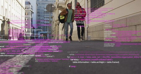 Walking developers in jackets with backpacks down narrow street with floating code, street sign