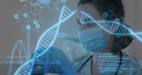 Gloved researcher wearing mask analyzing sample at lab bench with holographic DNA, copy space