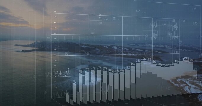 Displaying transparent financial chart overlaying sunset view, showing bar columns and line graph