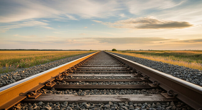 Railroad Tracks Stretching into the Horizon at Sunset.