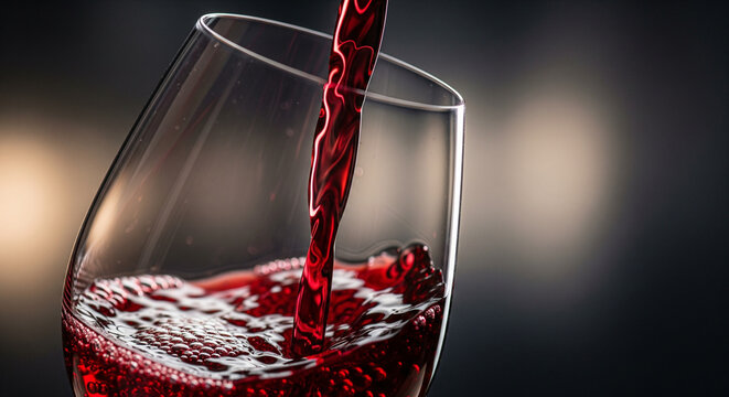Red Wine Pouring into Glass CloseUp View of Liquid and Bubbles.