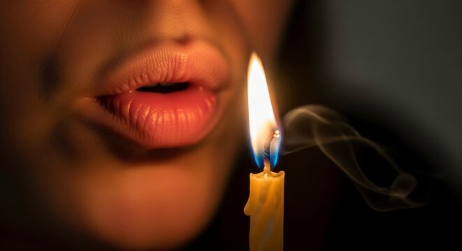 Blowing out candle flame close up woman blowing candle flame dark background candle light and smoke effect