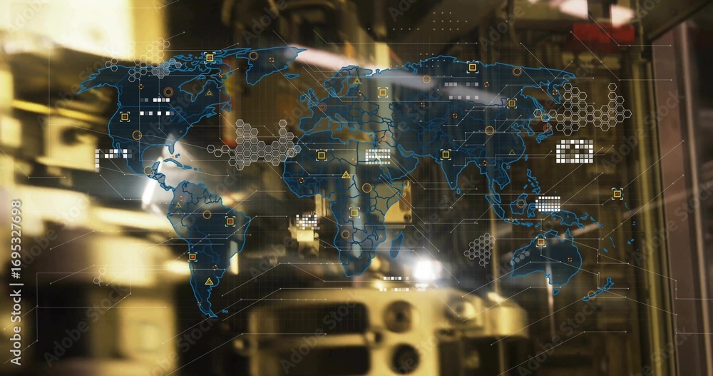 Aufkleber projecting holographic world map floating inside tech facility, with data nodes, hexagon clusters