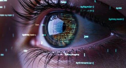 Eye with digital code reflection for futuristic technology and cyber security concept design style