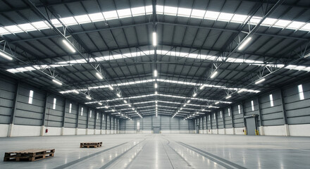 Vast Empty Warehouse Interior with Metal Structure and Pallets.