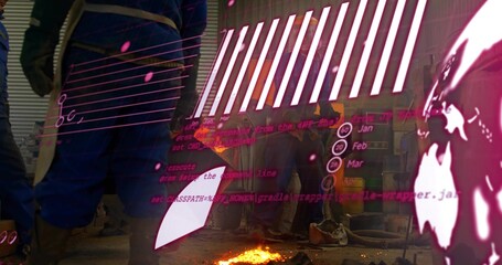Handling glowing metal, metalworker wearing gloves sitting at workshop bench, with digital overlays