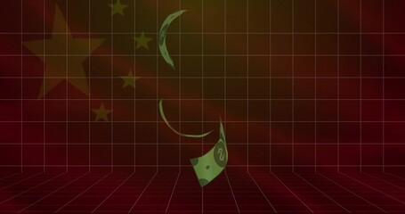 Spiraling abstract green banknote fragments in virtual 3D red grid, with faded Chinese flag stars