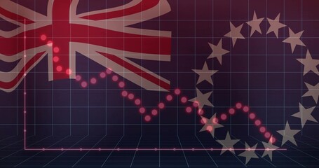 Displaying dotted red downward-trending line graph on 3D grid floor, with Union Jack and EU stars