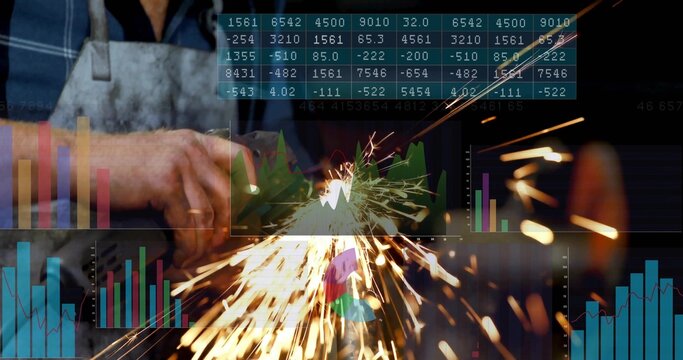 Grinding hands wearing apron gripping angle grinder producing sparks in workshop with data overlays