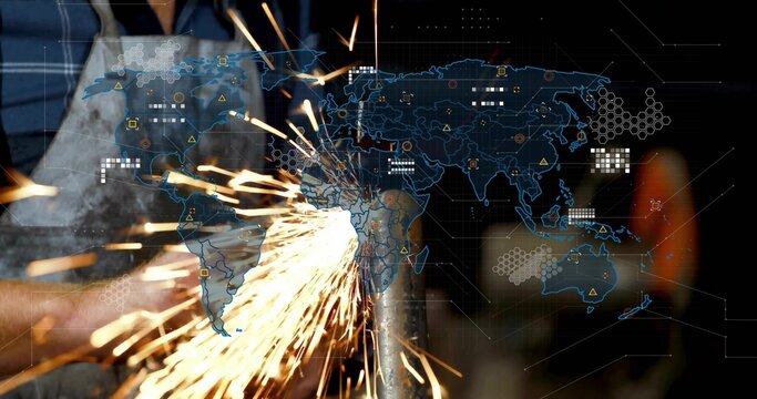 Grinding metalworker wearing gloves using angle grinder on cylinder in workshop, with data overlay