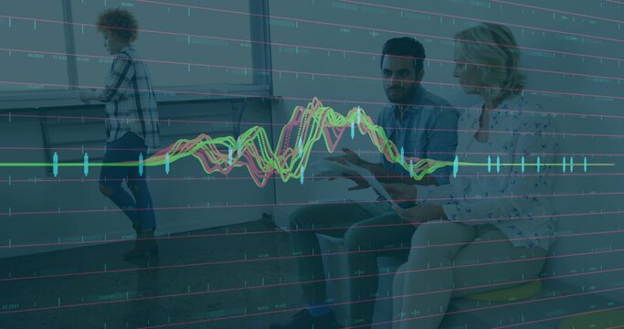 Standing child looking out window and adults sharing tablet data in office lounge with data overlay - Powered by Adobe