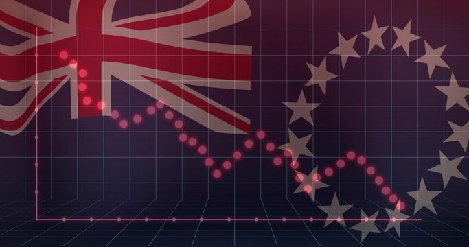 Naklejki Displaying dotted red downward-trending line graph on 3D grid floor, with Union Jack and EU stars