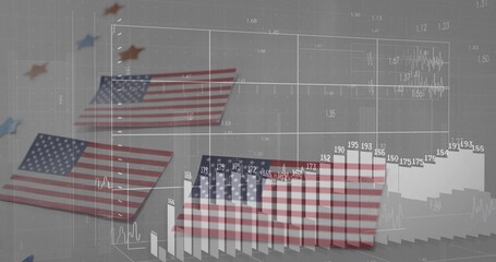 Displaying American flag-patterned bar charts in digital space, with wireframe grid and labels
