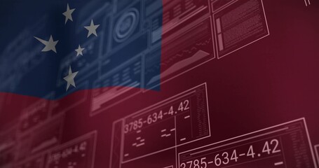 Displaying digital Samoan flag on red-blue gradient, with translucent panels showing numeric codes