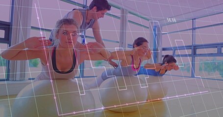 Guiding instructor adjusting participant posture on ball in fitness studio, under grid overlay