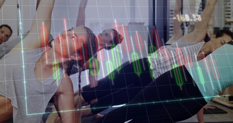 Holding side plank group wearing sportswear training in studio, with yoga mats, candlestick overlay