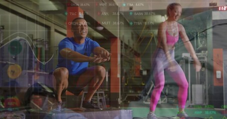 Performing box jumps fitness partners in sportswear at gym, with plyometric box and overlay charts