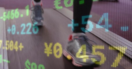 Gliding feet wearing gray pink shoes on treadmill belt in home gym, with digital stock overlay