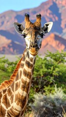 Fototapeta premium Close-up of a giraffe with a quizzical expression, its spotted coat beautifully displayed against a backdrop of vibrant, reddish-brown mountains and green bushes.