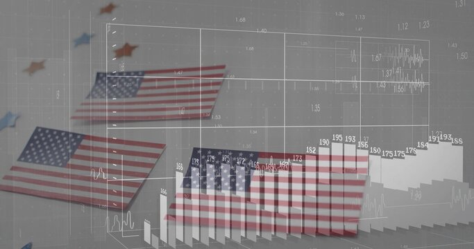 Naklejki Displaying American flag-patterned bar charts in digital space, with wireframe grid and labels
