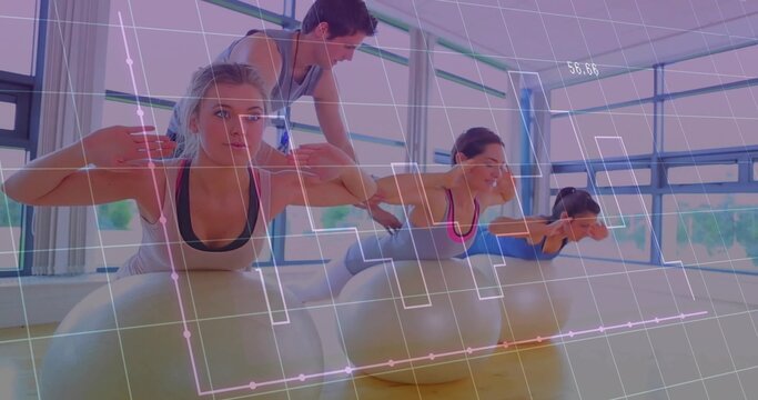 Fototapeta Guiding instructor adjusting participant posture on ball in fitness studio, under grid overlay